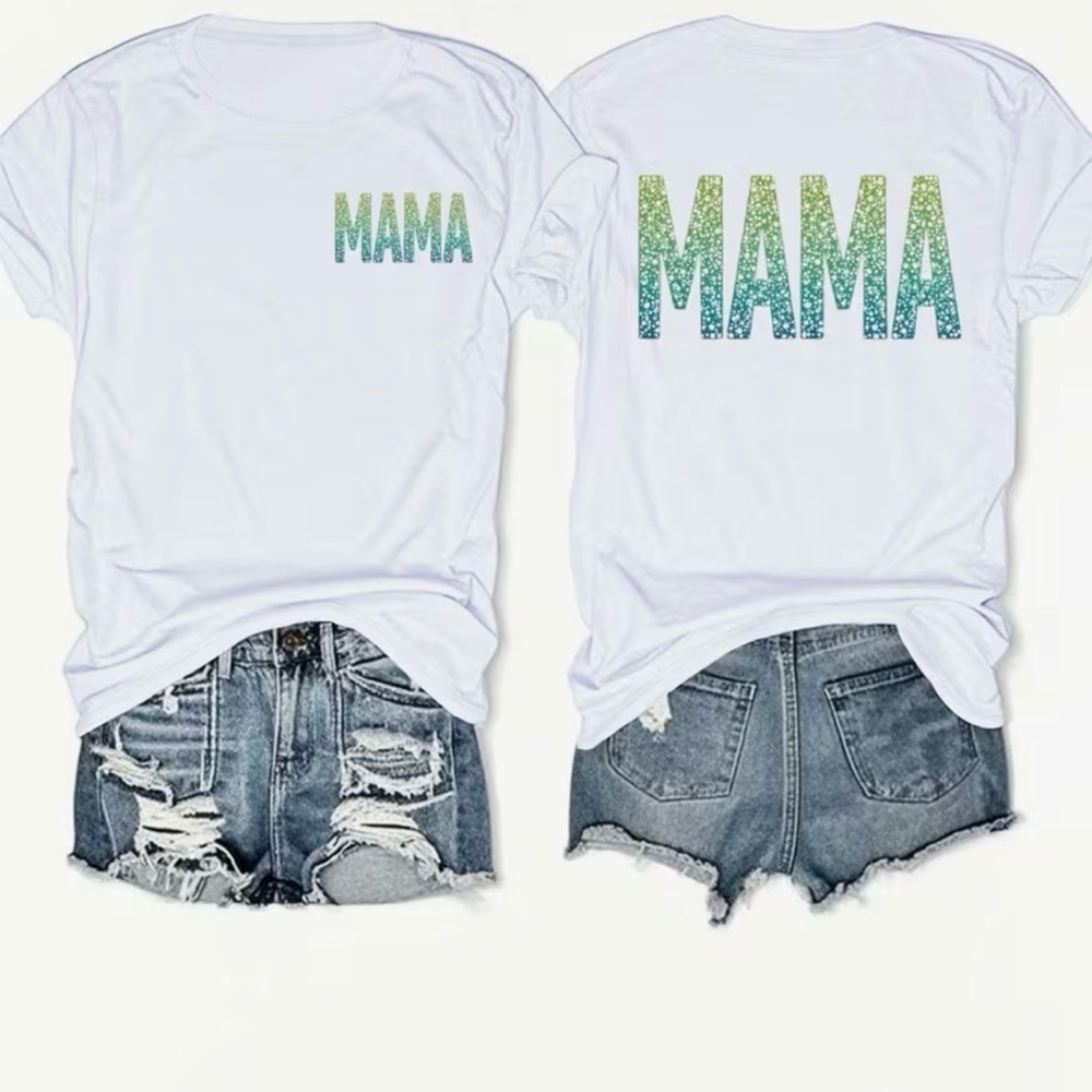Mama Graphic Tee for Kids - White with Green Ombre Glitter Print